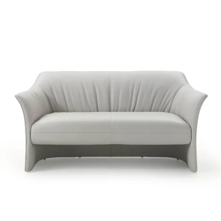 Distinctive 4 Mariani Sella sofa upholstered in light gray textile with smooth finish exhibits feminine curved lines and gathered backrest