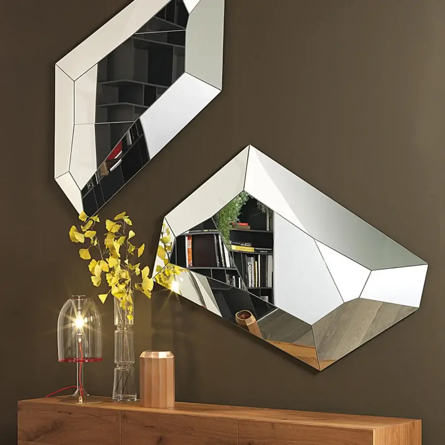 Elegant Cattelan Italia Diamond mirror with multifaceted frame crafted in mirrored glass and reflective silver finish