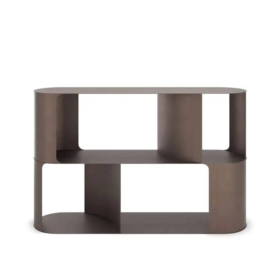 Harmonious Cattelan Italia Fulham bookcase with embossed lacquered steel and sinuous curved partitions in uniform brown coloration