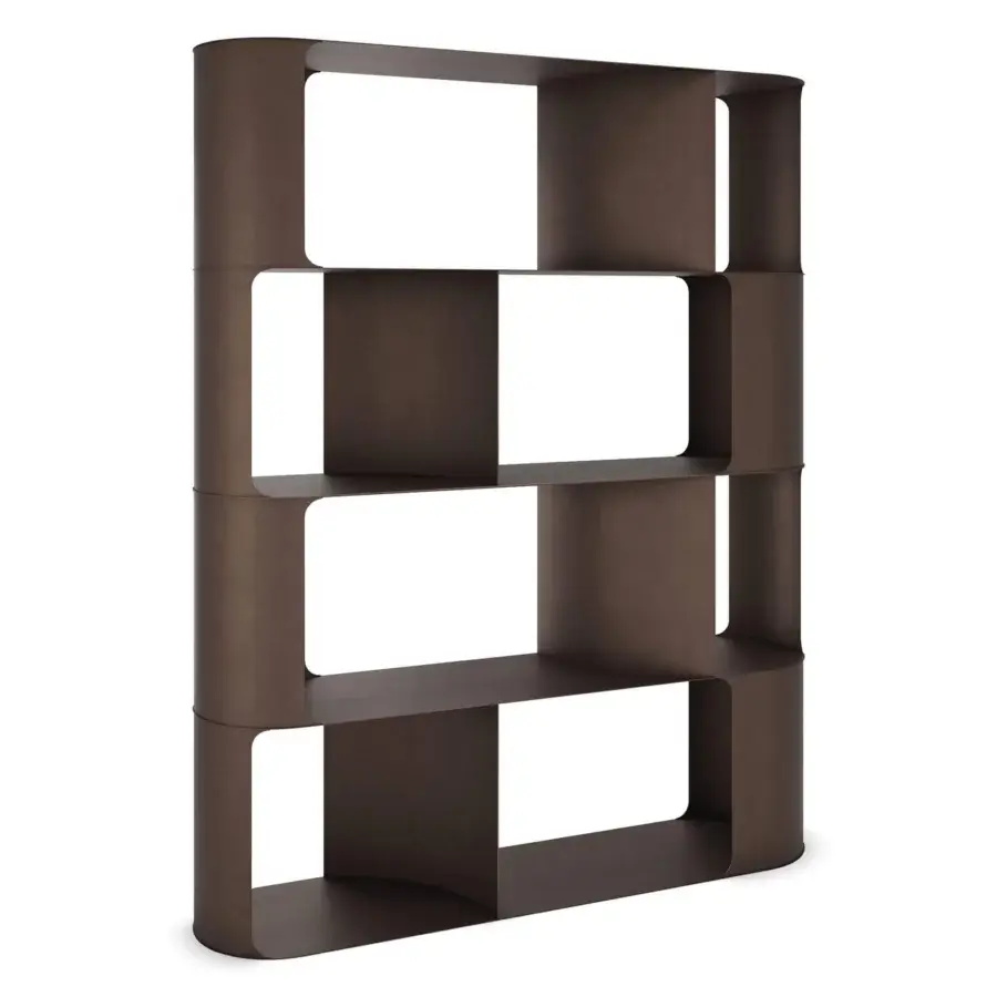 Superior Cattelan Italia Fulham bookcase with curved embossed lacquered steel in a dark brown matte finish
