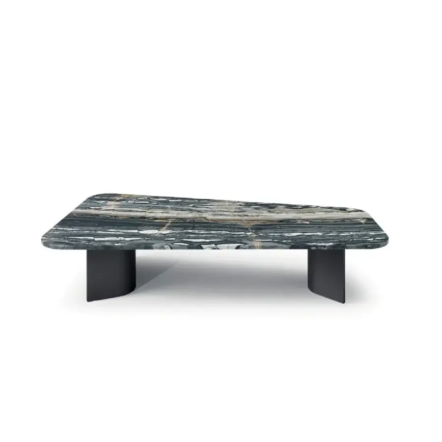 Exclusive 4 Mariani Climb coffee table with banded dark gray, white, and gold marble top supported by matte black curved hyperbolic blades