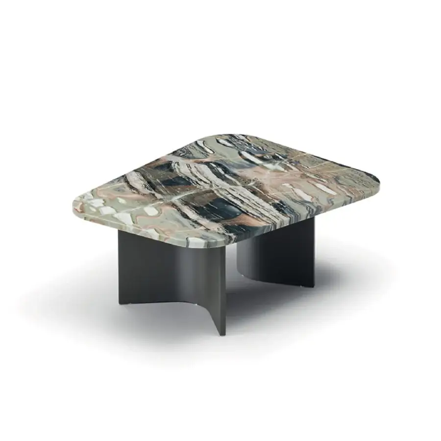 Superior 4 Mariani Climb coffee table with swirling gray, white, black and pink marble top and matte dark gray curved metal legs