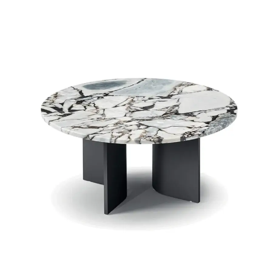 Exclusive 4 Mariani Climb coffee table with white marble top and sinuous matte black curved wood hyperbolic blades