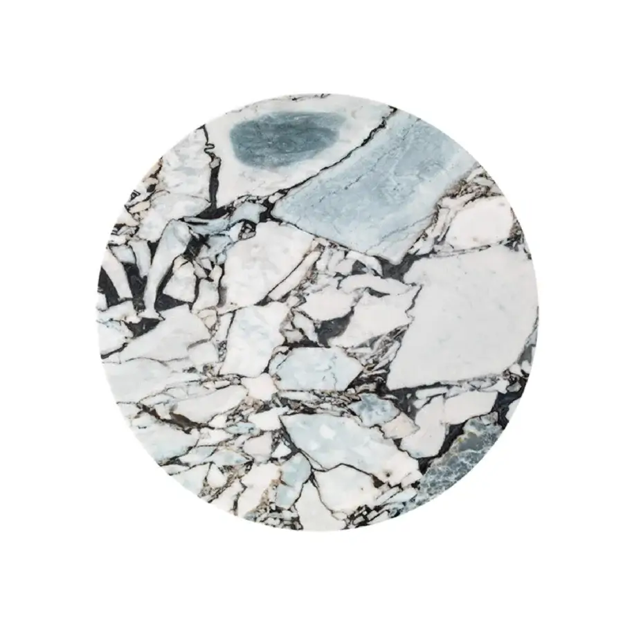 Distinguished 4 Mariani Climb coffee table with white marbled top displaying black, gray and blue-gray veining throughout