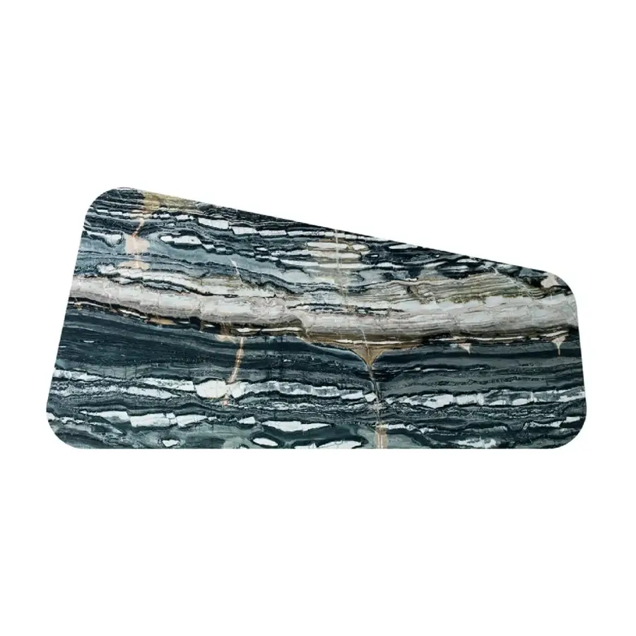 Exceptional 4 Mariani Climb coffee table with layered stone top in dark gray, light gray, white, tan and gold hues