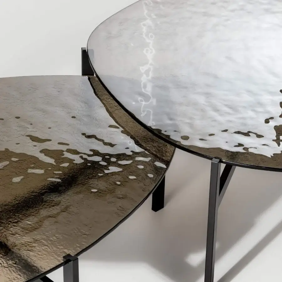 Superior Bonaldo Flac coffee table with light silvery fused glass appearing to float on a slender black metal base