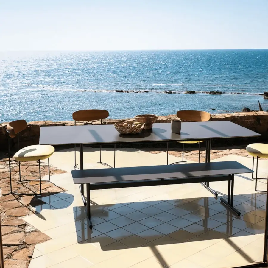 Exceptional Potocco Graphic bench crafted with dark gray HPL and painted metal exhibiting a matte finish