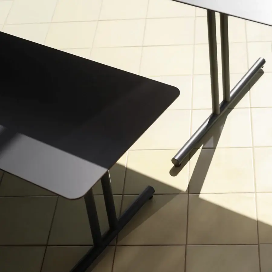Distinguished Potocco Graphic bench with a black HPL surface and painted metal structure in a dark matte finish