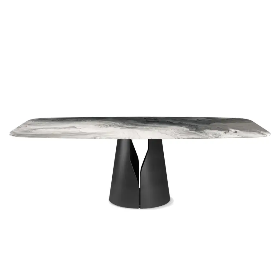 Exceptional Cattelan Italia Giano CrystalArt table with swirling gray and white tones in extra clear beveled glass and graphite embossed lacquered steel