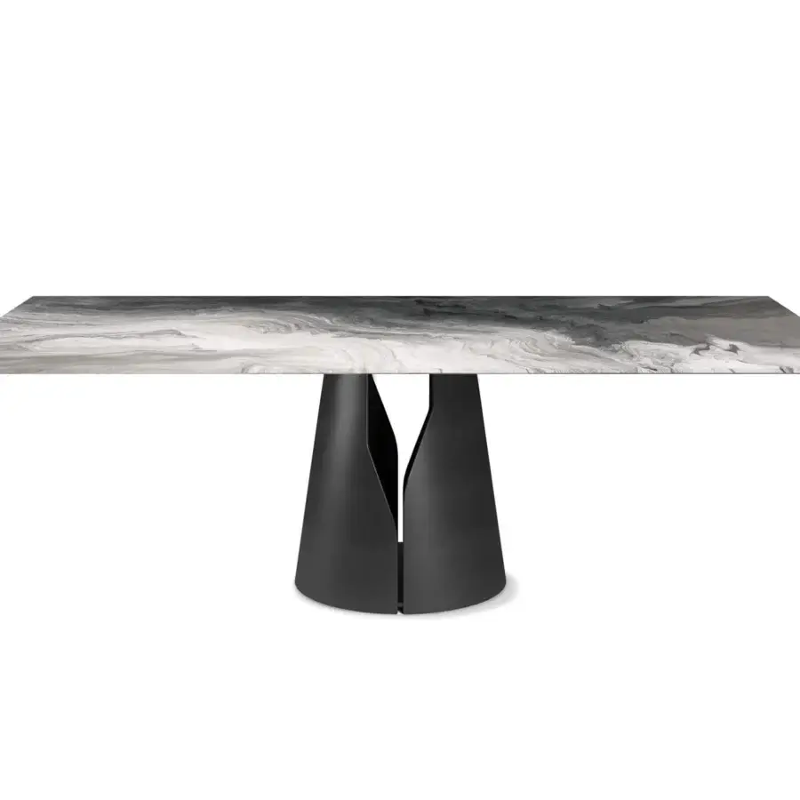 Superior Cattelan Italia Giano CrystalArt table with graphite embossed steel and beveled extra clear glass showcasing swirling gray shades