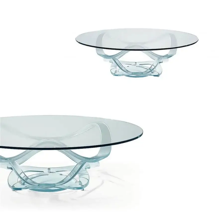 Distinguished Reflex Neolitico coffee table with etched light-blue tinted glass base and sleek black edged glass top