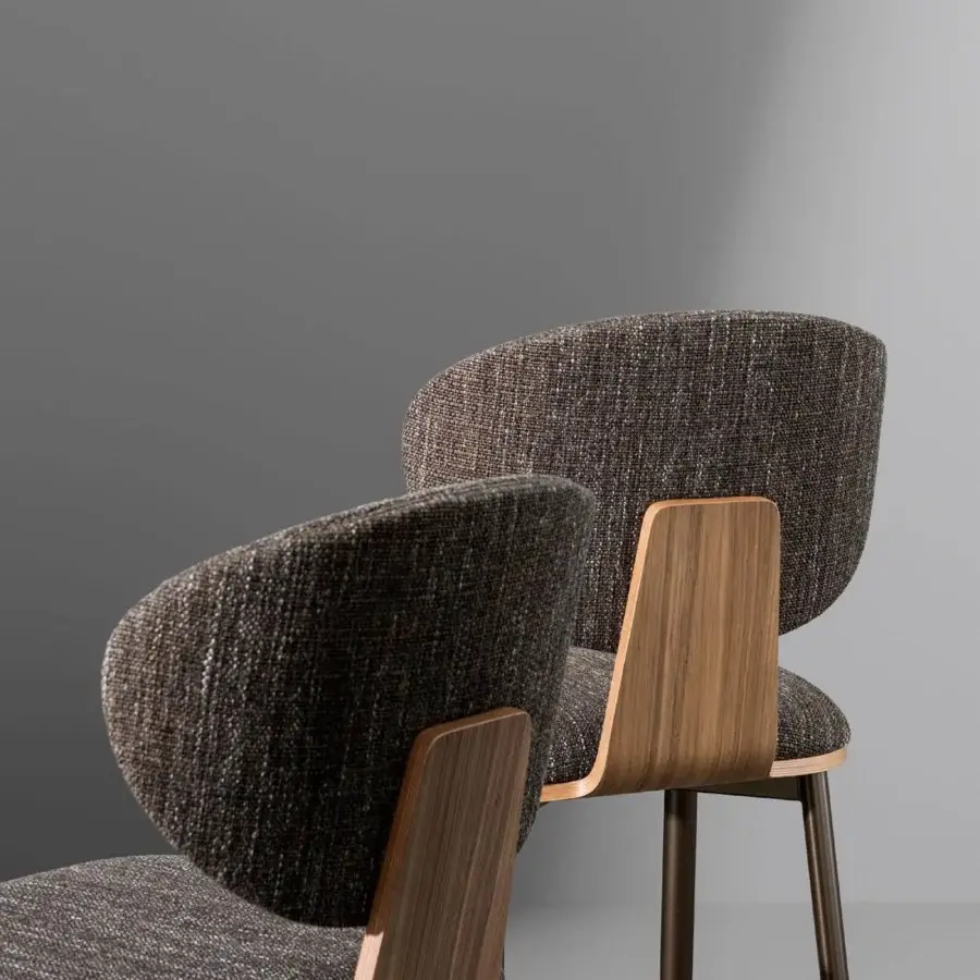 Sophisticated Bonaldo Olos stool in dark speckled brown textile with veneered wood backrest and refined metal legs