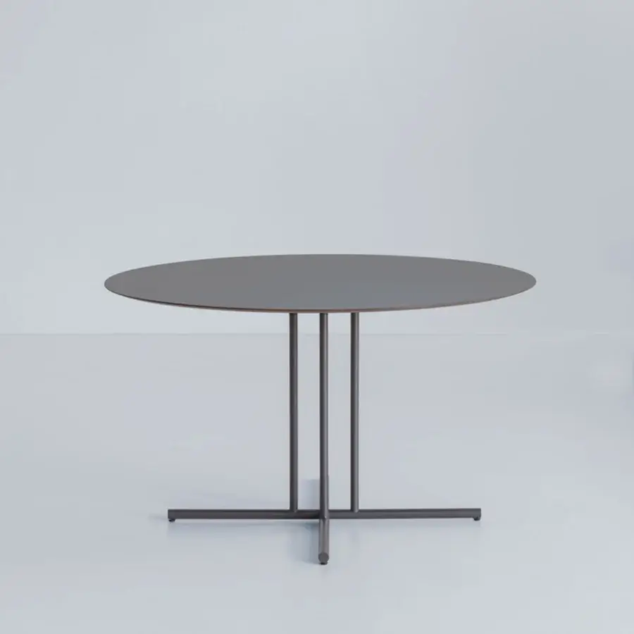 Exceptional Potocco Graphic dining table with painted metal base and durable high pressure laminate top in dark gray matte finish