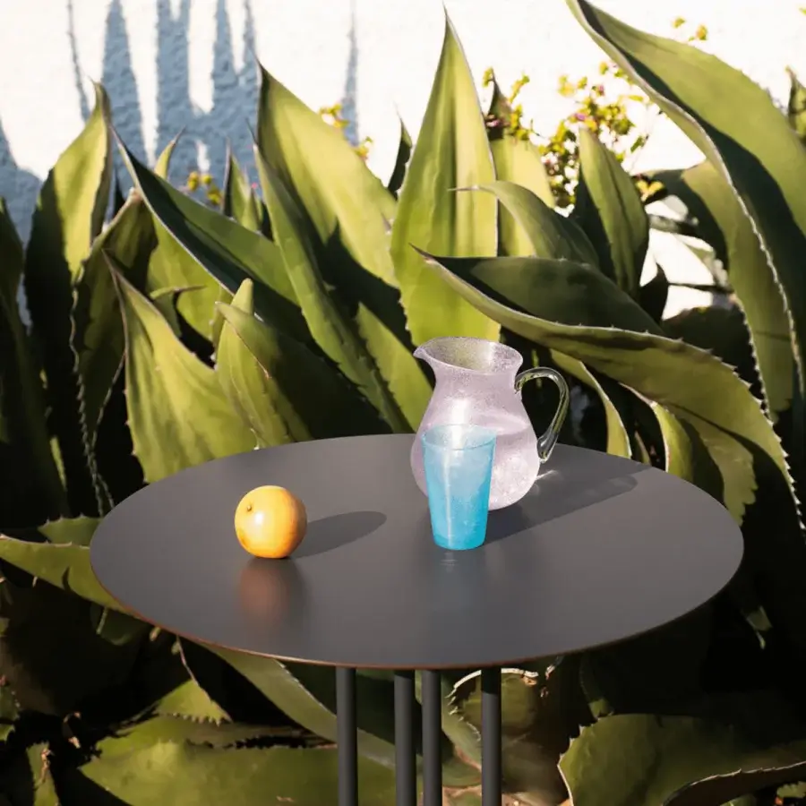 Distinguished Potocco Graphic bar table with a geometric metal structure and dark matte finish for outdoor settings