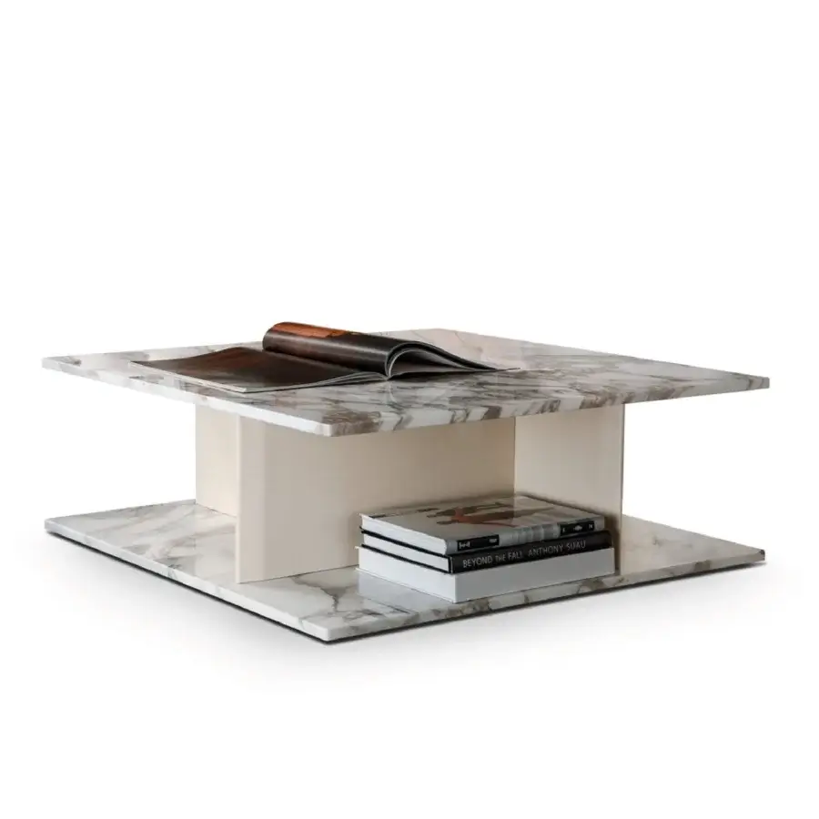 Superior 4 Mariani Park coffee table with glossy marble-patterned top and saddle leather frame