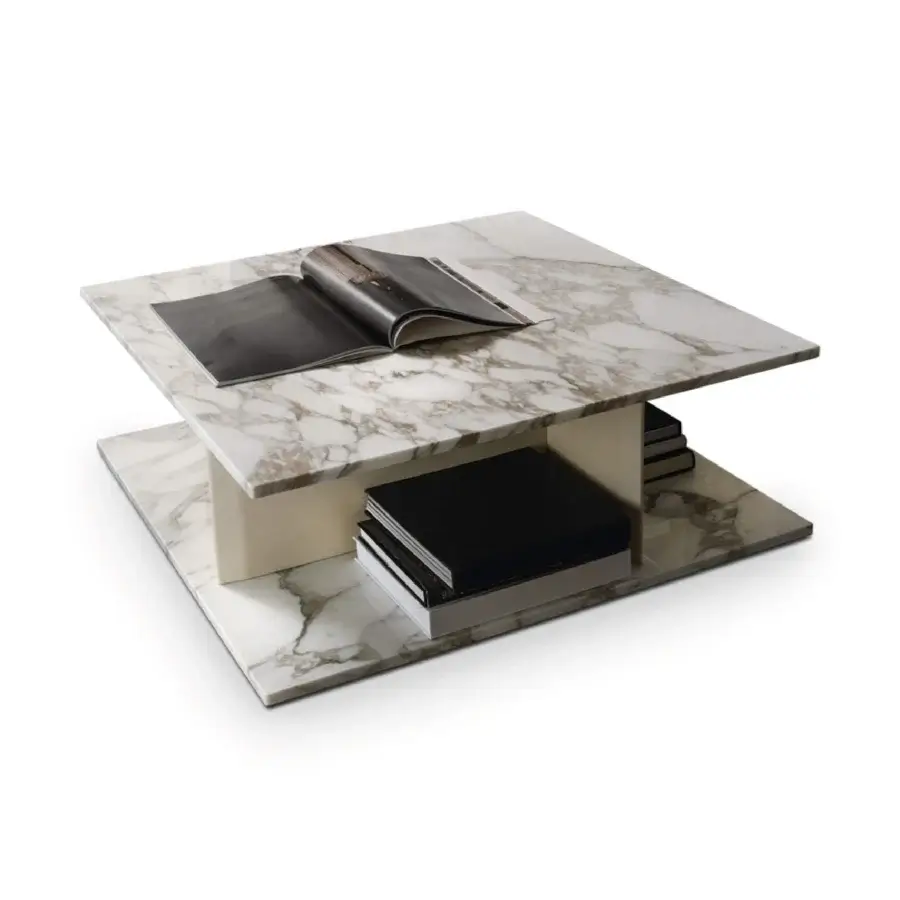 Captivating 4 Mariani Park coffee table with white marble top and light beige saddle leather frame in matte finish