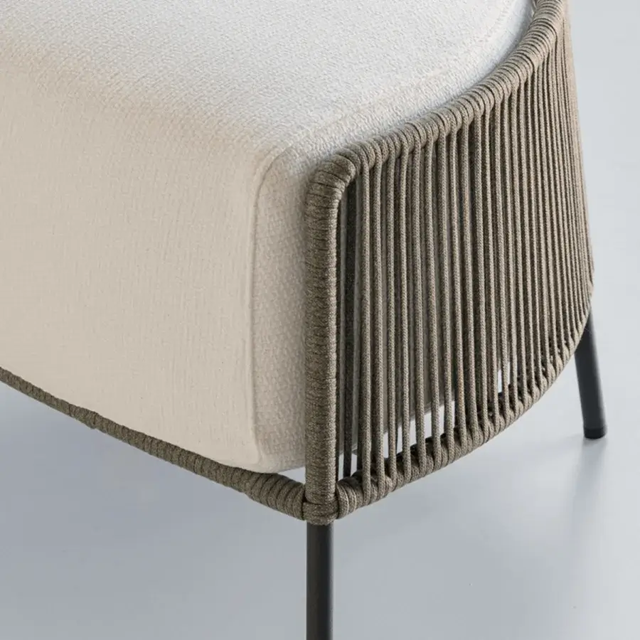 Exceptional Potocco Ola ottoman with hand-woven ribbon detailing and a light beige cushion in powder-coated metal with stainless steel legs