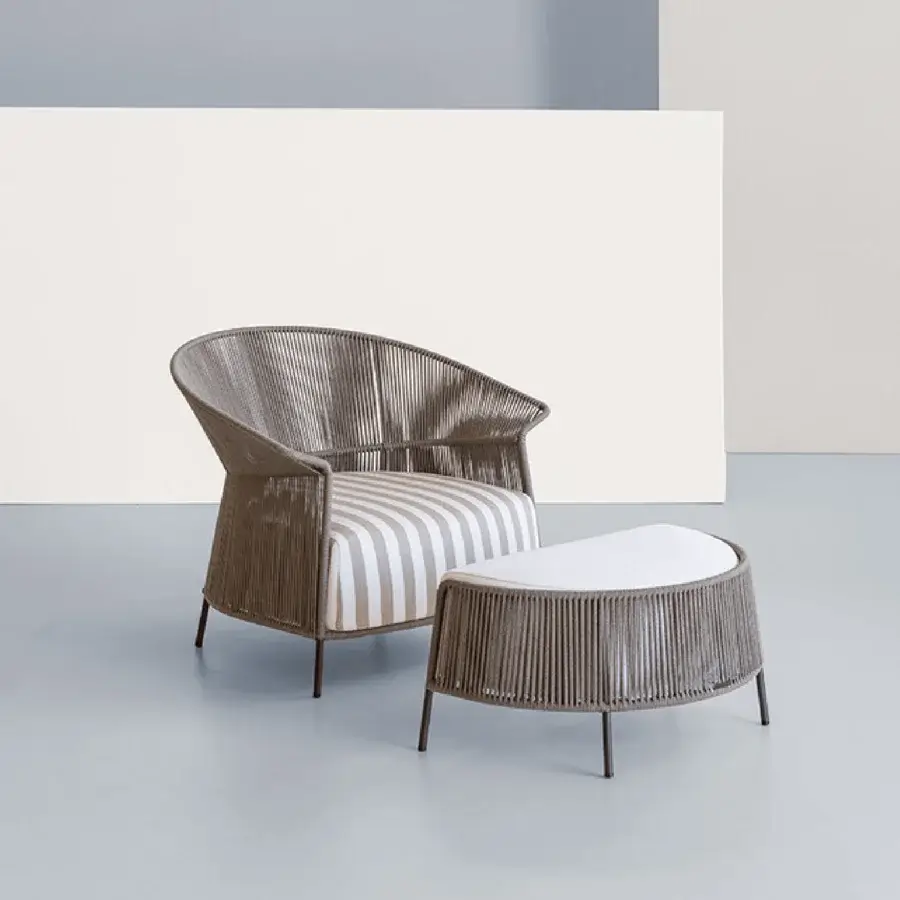 Elegant Potocco Ola ottoman with hand-woven ribbon detailing and a textured matte medium brown finish