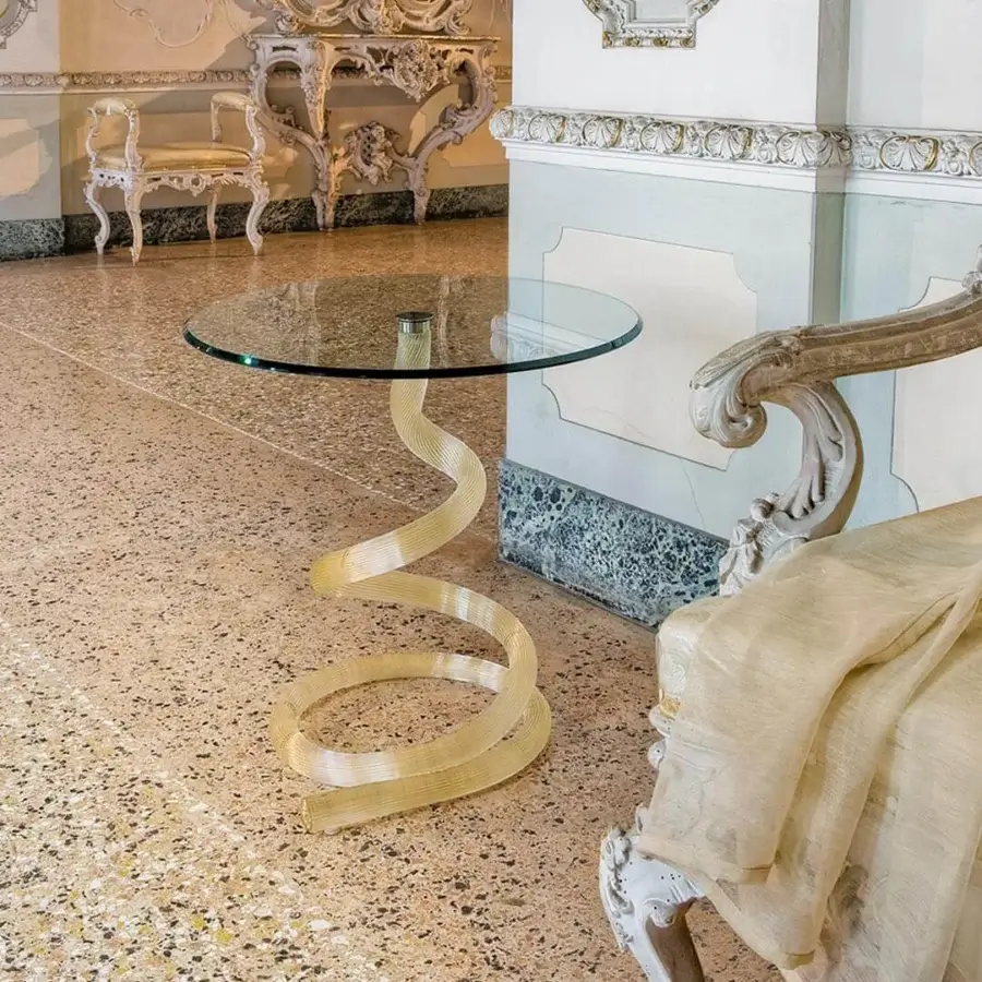 Exceptional Reflex Ghibli side table with spiraling ribbed Murano glass base and clear beveled glass top in translucent tea finish