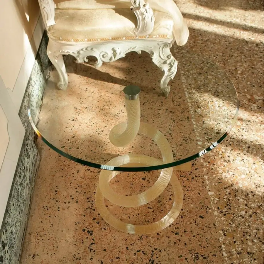 Elegant Reflex Ghibli side table with a swirling ribbed Murano glass base and sleek transparent glass top