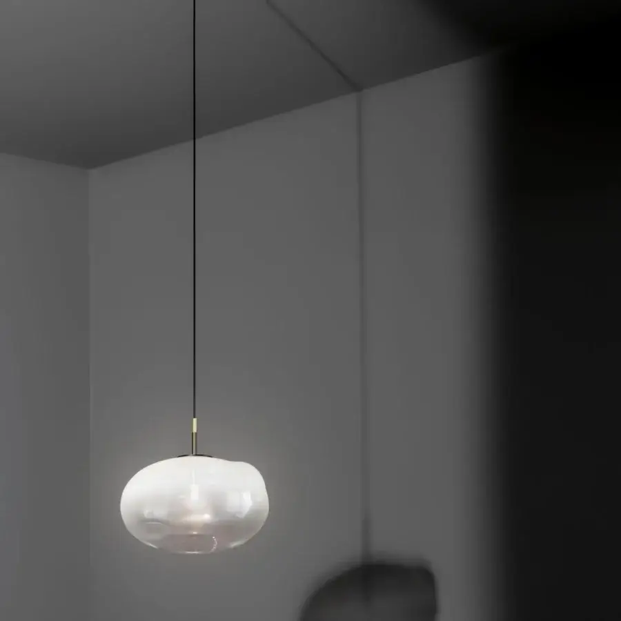 Superior Bonaldo Pepita suspension lamp with organic shape in white silk glass and thin black cord