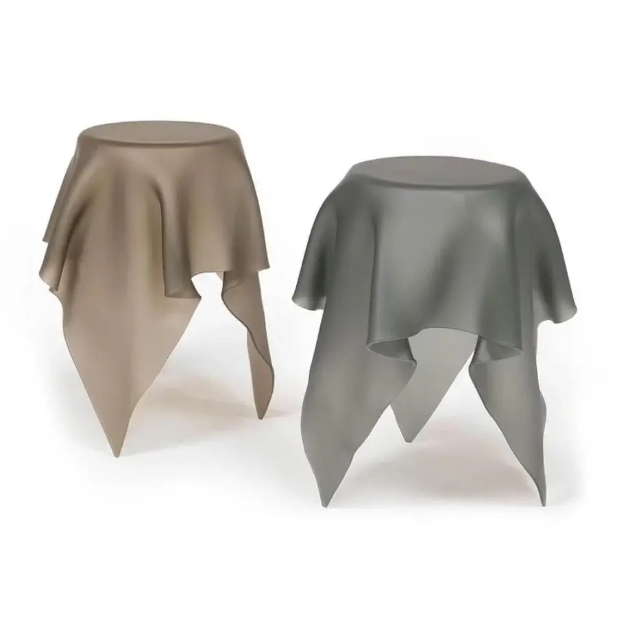 Innovative Reflex Foulard side table crafted in etched light taupe or gray extra-clear curved glass with an organic draped form