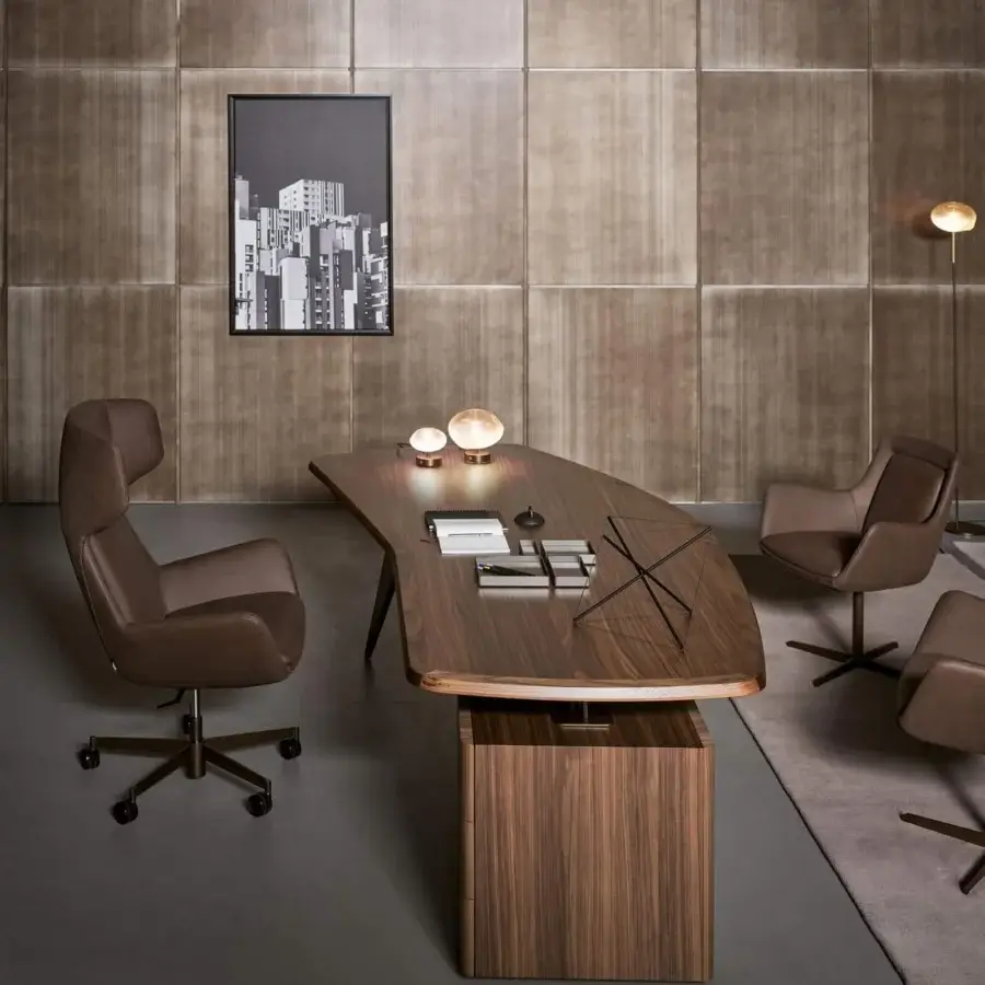 Superior Bonaldo Diver desk with curved wooden top, metal base and rounded drawer crafted in rich brown finish