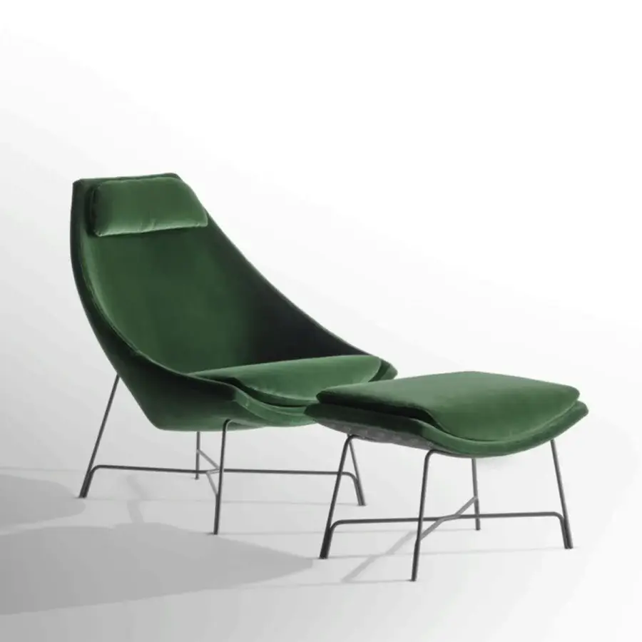 Superior Potocco Cut Bergere lounge chair and ottoman in enveloping green textile with black embossed painted aluminum base