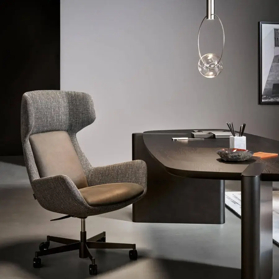 Exceptional Bonaldo Newton armchair upholstered in woven grey and light brown textile with a smoother material and black swivel base