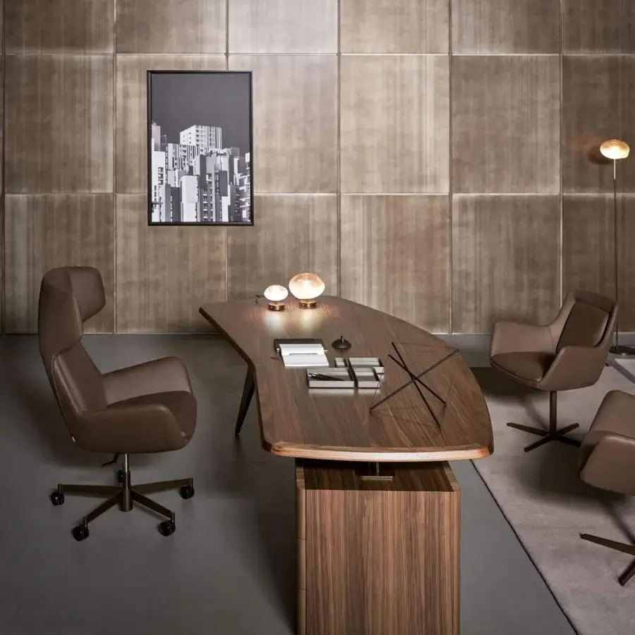 Superior Bonaldo Newton armchair with smooth medium brown leather upholstery and a five-support swivel base