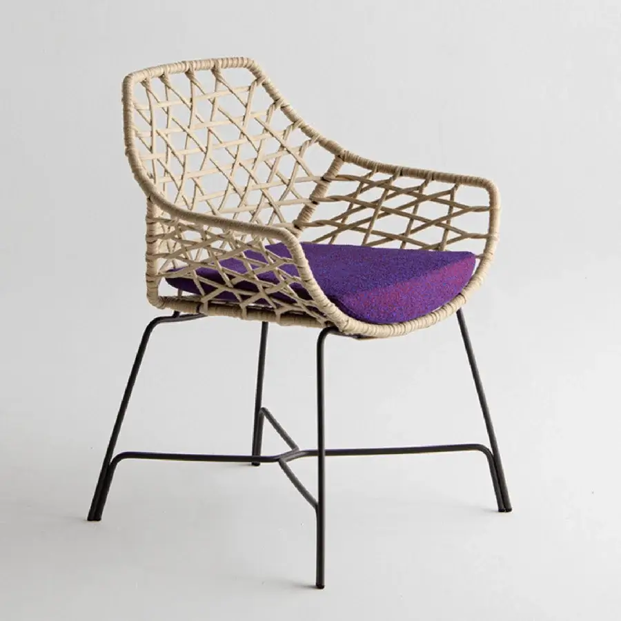 Distinguished Potocco Cut chair with woven beige “Gassa” ribbon and a plush purple cushion built with dark epoxy powder coated metal legs
