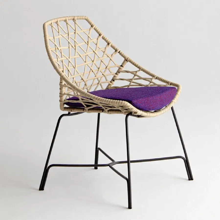 Exceptional Potocco Cut chair with woven light beige “Gassa” ribbon and a removable purple outdoor fabric seat cushion in black steel