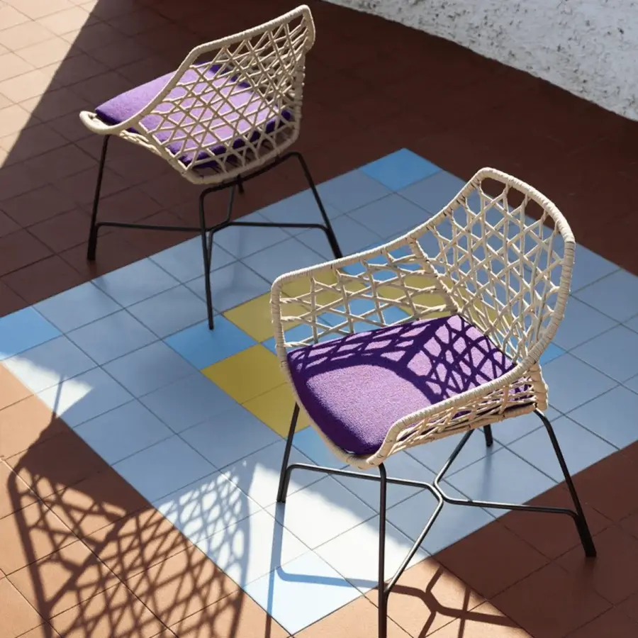 Elegant Potocco Cut chair with woven light-colored synthetic frame and comfortable purple upholstered seat in durable steel