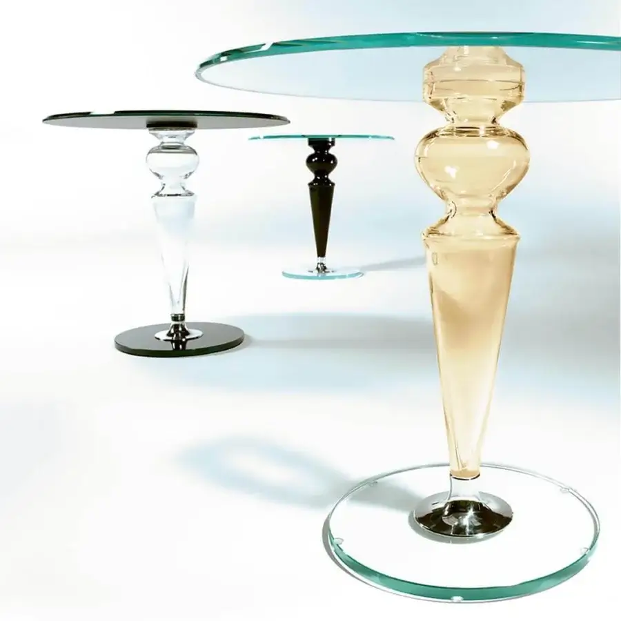 Distinguished Reflex Gran Canal side table with transparent Murano glass leg and bevel-edged glass top in amber tones
