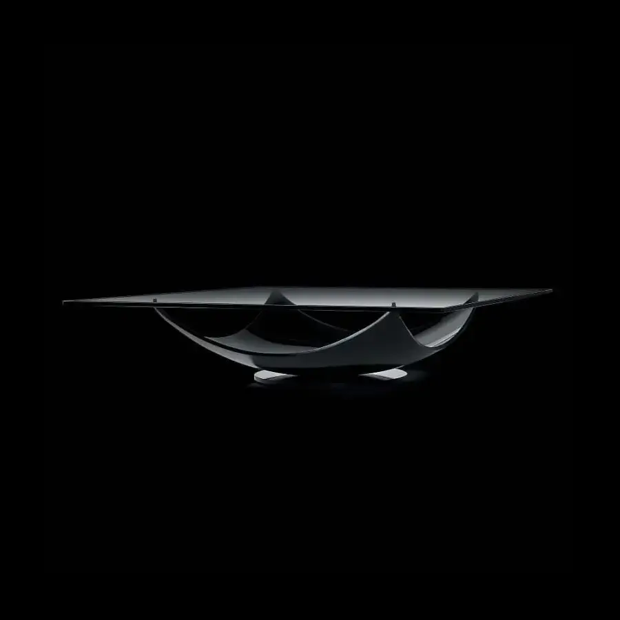 Superior Reflex Vela coffee table with curved lacquered glass base and polished square glass top