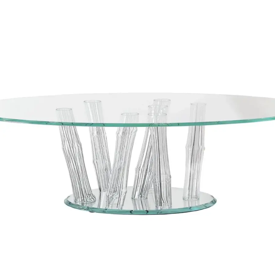Elegant Reflex Bamboo coffee table with transparent Murano glass tubes and extra-clear glass top crafted in Italy with glossy surfaces