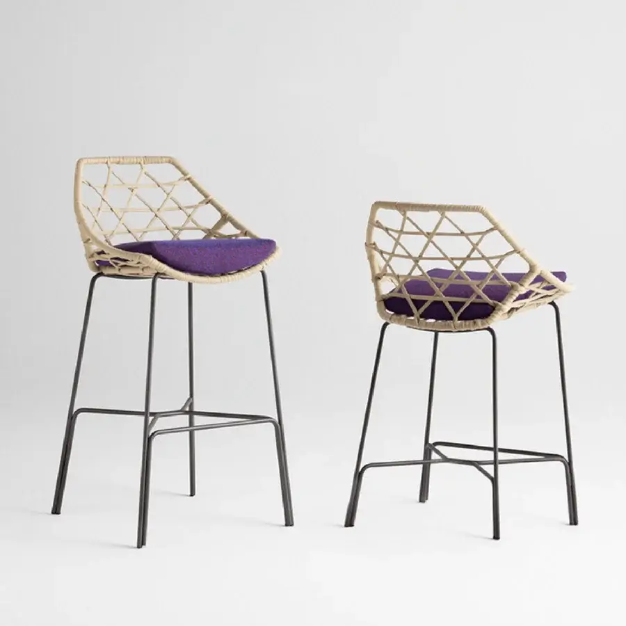 Distinguished Potocco Cut stool with hand-woven beige shell and dark metal rod structure, complemented by a plush purple cushion