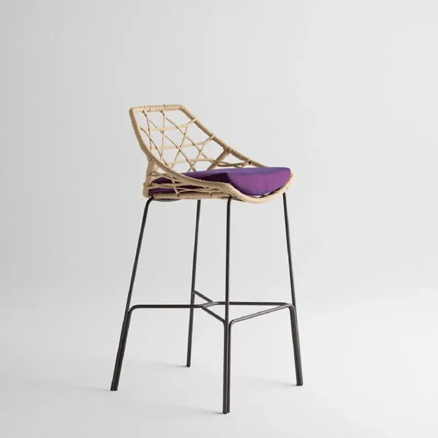 Exceptional Potocco Cut stool with light beige hand-woven shell, dark brown matte steel rod, and plush purple seat cushion