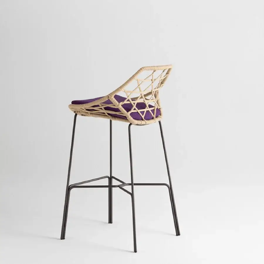 Superior Potocco Cut stool with dark brown steel rod structure, light brown woven shell and plush purple seat cushion