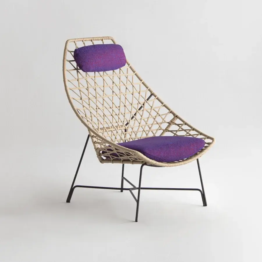 Distinguished Potocco Cut bergere with a hand-woven beige gauze rope seat and plush purple cushions, built with an epoxy powder-coated steel structure