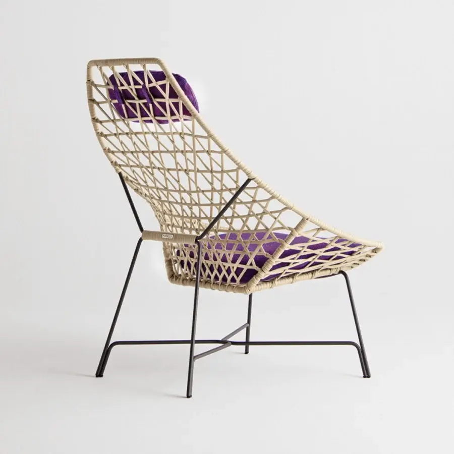 Exceptional Potocco Cut bergere with a hand-woven beige gauze rope seat and plush purple cushions in epoxy powder-coated steel