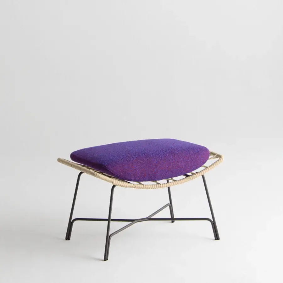 Superior Potocco Cut bergere with a hand-woven light beige gauze rope seat and textured purple-red cushion in steel