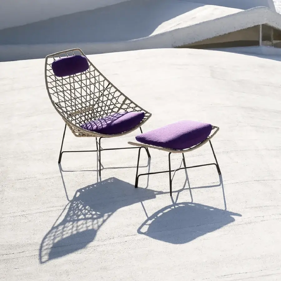 Elegant Potocco Cut bergere with inviting purple cushions and hand-woven beige gauze rope on a powder-coated steel rod structure