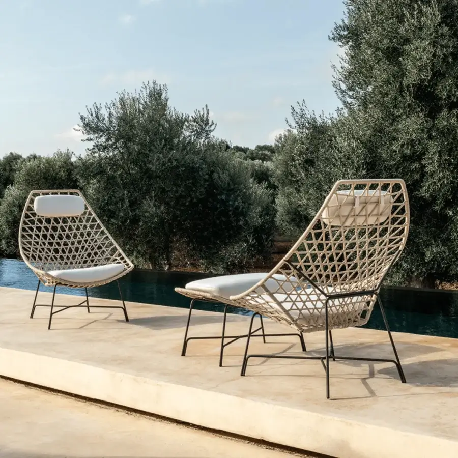 Exceptional Potocco Cut bergere with hand-woven beige gauze rope and dark epoxy powder-coated steel structure