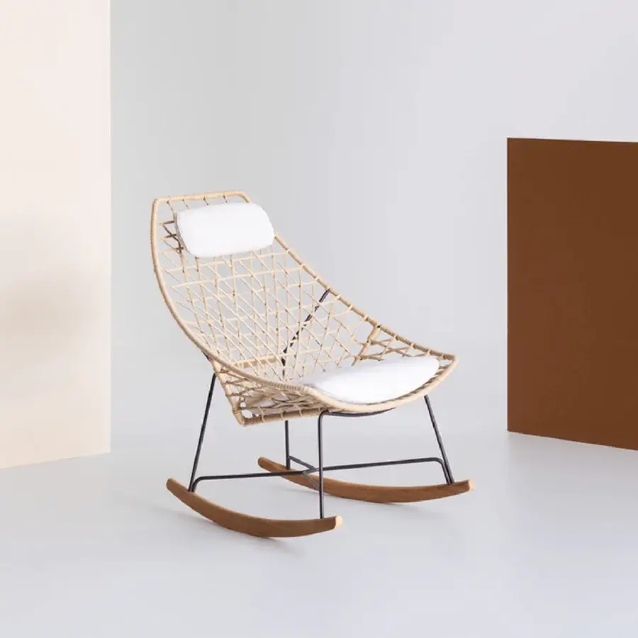 Lavish Potocco Cut rocking bergere with hand-woven beige “Gassa” ribbon and dark epoxy powder-coated steel structure