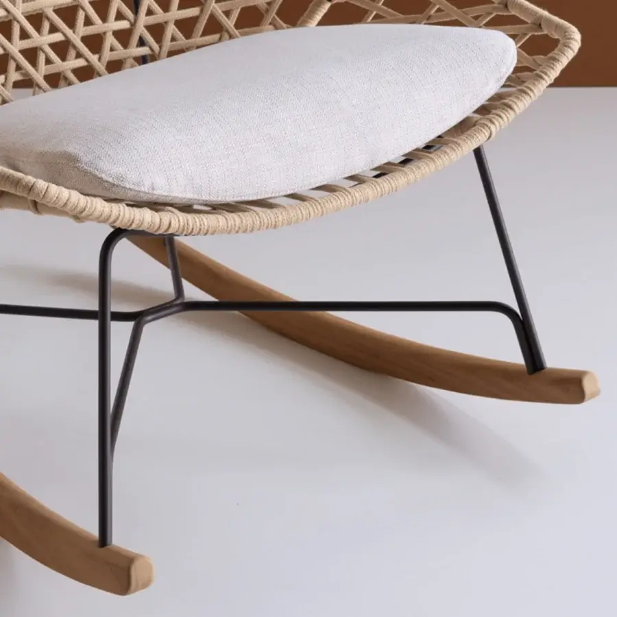 Harmonious Potocco Cut rocking bergere crafted with dark epoxy powder-coated steel and light natural wooden rockers with hand-woven beige “Gassa” ribbon