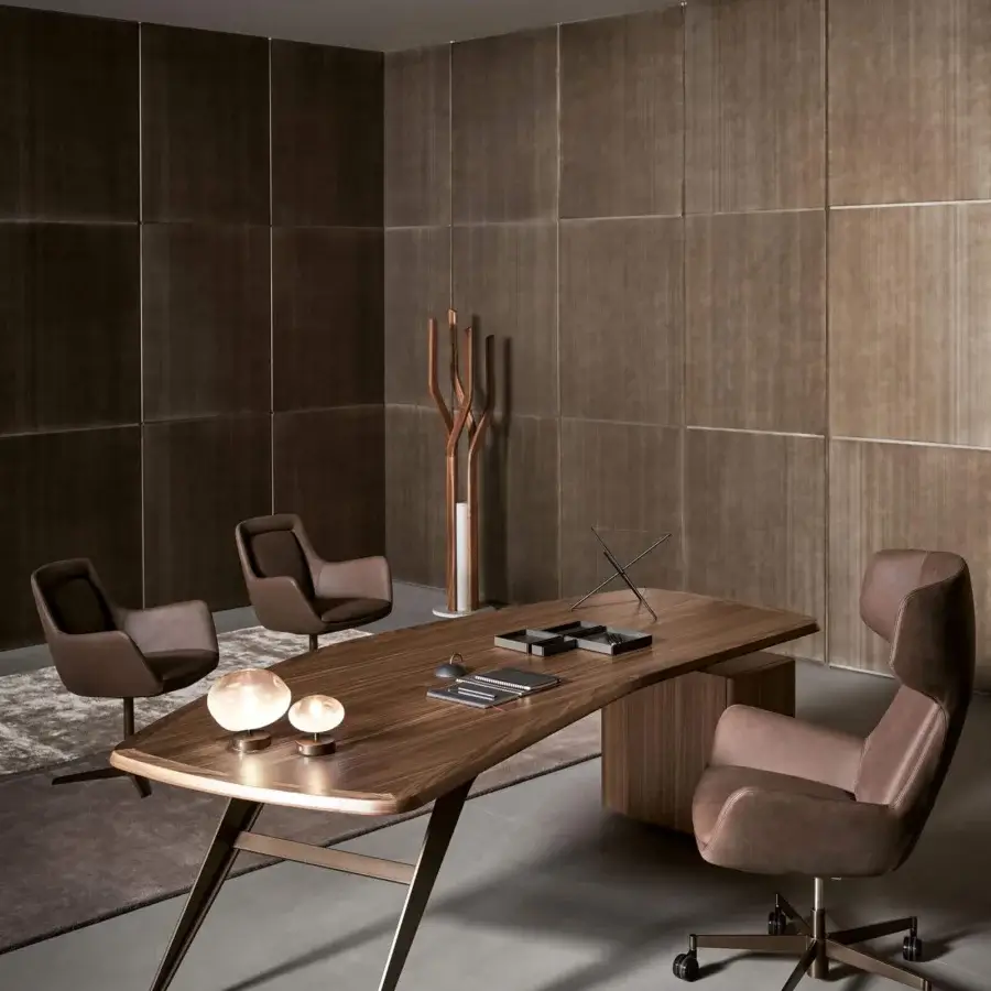 Distinguished Bonaldo Newton armchair with smooth brown textile upholstery and metal swivel base