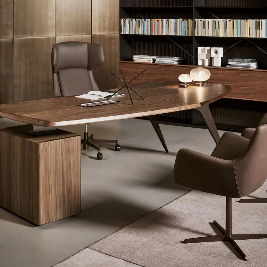 Elegant Bonaldo Newton armchair with smooth medium brown textile upholstery and sleek swivel metal base