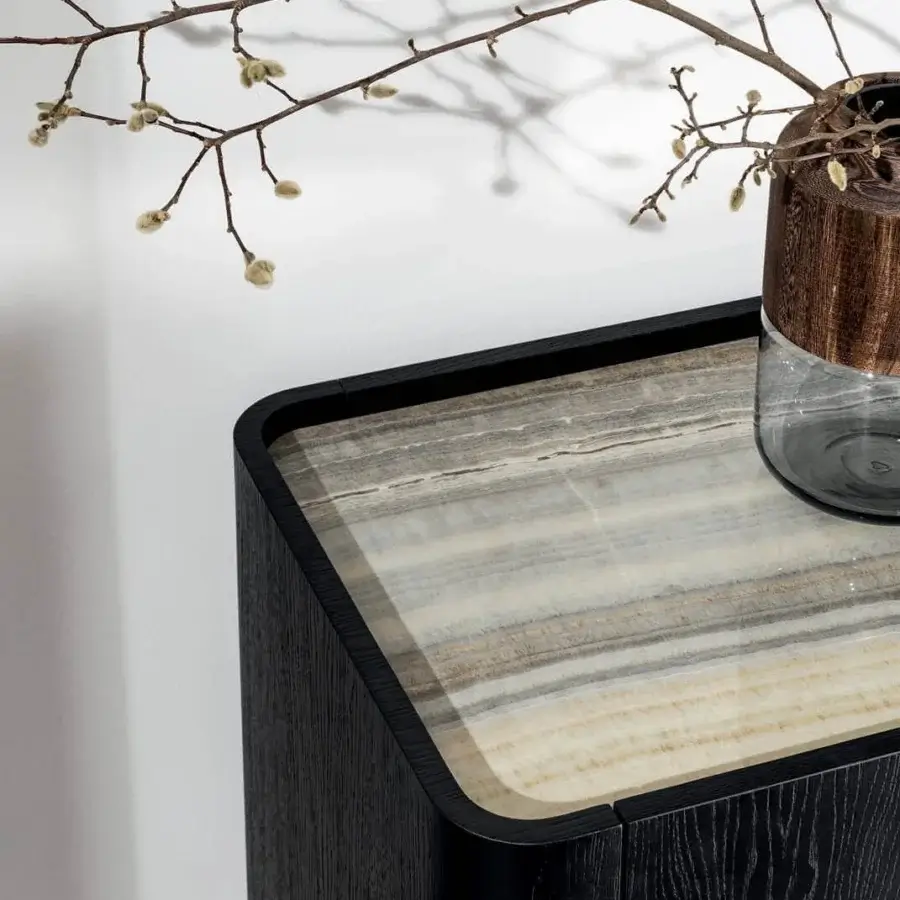 Exceptional Sovet Italia Madia Slim cupboard with lacquered aluminum and dark matte MDF wood modules, topped with striated stone-like surface