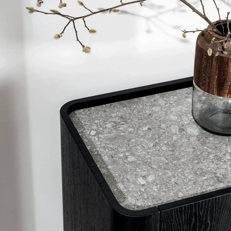 Distinguished Sovet Italia Madia Slim cupboard with dark stained MDF wood modules, lacquered aluminum, and a speckled grey stone-like top
